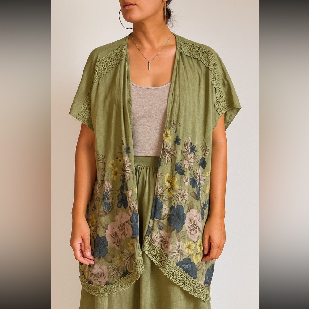 🪷 Olive Green Floral Lace-Trim Tunic Kimono